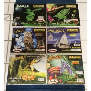Lot of 5 Wood Puzzle 3D Kits Glow in Dark Eagle Snake Owl Butterfly Sailboat